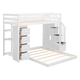 Merax Twin Over Full Bunk Bed Wood Frame with 3-Layer Shelves,4 Drawers and 3 Storage Stairs for Boys and Girls,Grey Merax