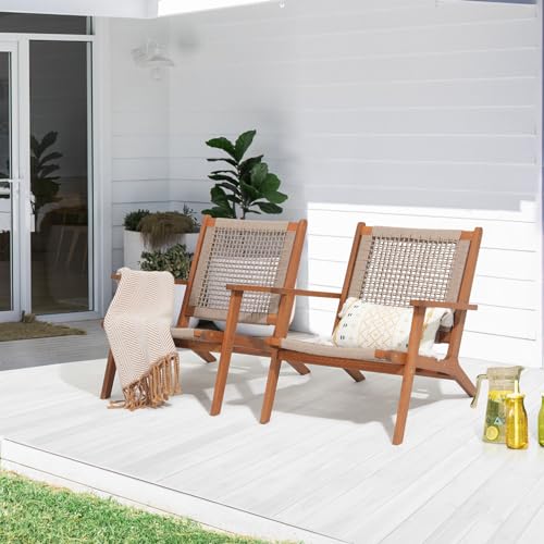 Verano Garden Set of 2 Patio Lounge Chair, Modern Acacia Wood Accent Armchair with Handwoven Rope for Patio,Living Room, Bedroom, Balcony (Beige)