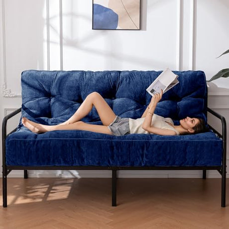 YOSHOOT 8 Inches Futon Mattress Full Size, Thick Futons Sofa Couch Bed, Chenille Fabric Floor Mattress for Adults, Shredded Foam Filling, Medium Firm(Frame Not Included), Blue, 54"x75" YOSHOOT