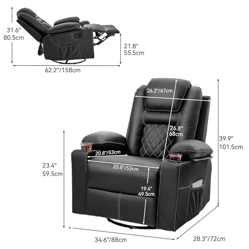 YITAHOME Recliner Chair,PU Rocking Chair for Adults,Swivel Recliner with Cup Holders,Heat and Massage,Single Sofa Seat with Side Pockets for Living Room/Bedroom,Black YITAHOME