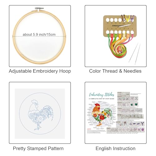 Louise Maelys Funny Animal Embroidery Kits for Beginners,Cross Stitch Kit for Adults,DIY Needlepoint with Rooster and Flower Pattern