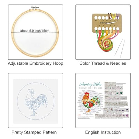 Louise Maelys Funny Animal Embroidery Kits for Beginners,Cross Stitch Kit for Adults,DIY Needlepoint with Rooster and Flower Pattern Louise Maelys