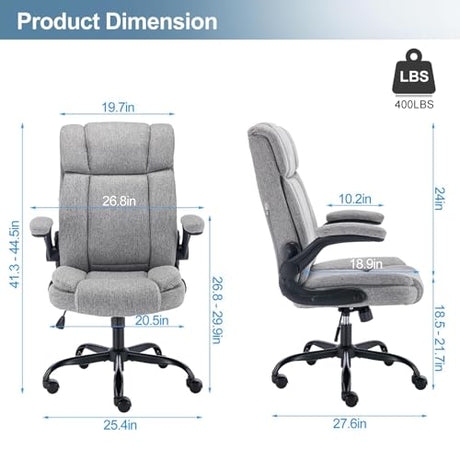 BRTHORY Office Chair High Back Ergonomic Executive Computer Desk Chair Comfortable Fabric Padded Home Office Desk Chairs with Flip-up Arm Rest Adjustable Height Swivel Wheels (Grey) BRTHORY
