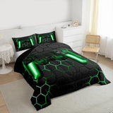 Game Bedding Sets for Boys,Gaming Comforter Set Full,Kids Gamer Duvet Set Neon Lights Gamepad Bed Set for Teen Men Bedroom,geometric Honeycomb Hexagon Comforter with 2 Pillow Shams,Green Grey Erosebridal