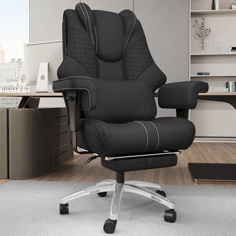 600lbs Big and Tall Office Chair, Wide Ergonomic Leather Executive Chair for Heavy People with Foot Rest, High-Back Reclining Computer Chair with Swivel Wheels and Lumbar Support (Black) Box DesignLab