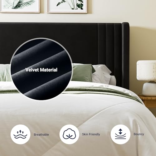 Allewie Full Size Velvet Platform Bed Frame with Vertical Tufted Wingback Headboard, Easy Assembly, Under Bed Storage, No Box Spring Required, Modern Style, Black Allewie