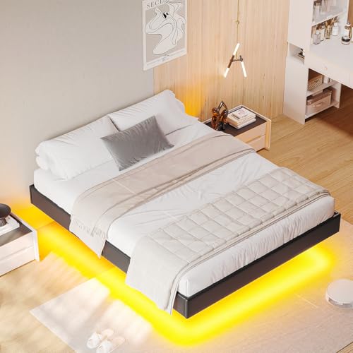 Hasuit King Size Floating Bed Frame with LED Lights – Modern Black Faux Leather Platform Bed, No Box Spring Needed - WoodArtSupply