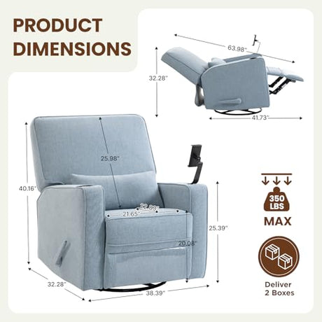 360° Swivel Rocker Recliner Chair with Adjustable Footrest, Rocking Chair Nursery with Phone Stand & Cup Holder,Manual Nursing Chair Glider Recliner Armchair for Adults, Living Room (Blue) FiveWillowise