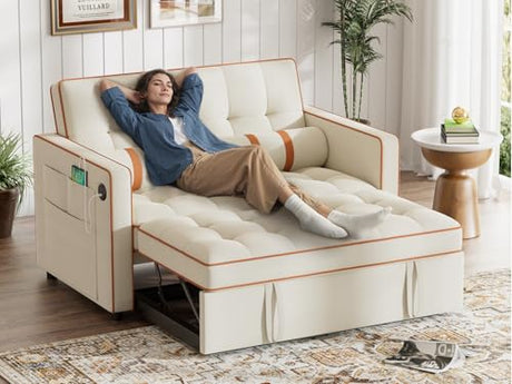 Marsail 3-in-1 Convertible Futon Sleeper Sofa Bed, Pull Out Couch with Adjustable Backrest, USB Charging & Side Pockets, Velvet Fabric Sofa Loveseat for Living Room, Apartment, Ivory White Marsail