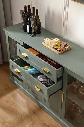 FOREST GRAVITY 58.27'' Buffet Cabinet with 2 Drawers and Adjustable Shelves,Large Glass Door Coffee Bar Cabinet,Modern Farmhouse Sideboard Credenza for Kitchen,Green FOREST GRAVITY