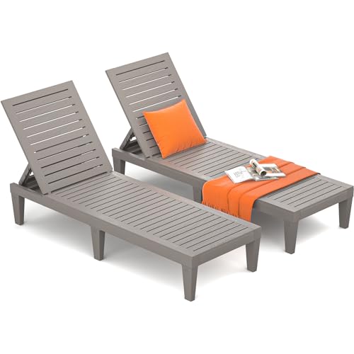 Hoiplu Outdoor Lounge Chairs Set of 2 for Poolside Patio, Weather-Resistant Pool Chaise Lounge with Adjustable Backrest, Resin Tanning Chair Sun Lounger for Outside Deck, Beach, Sunbathing, Taupe