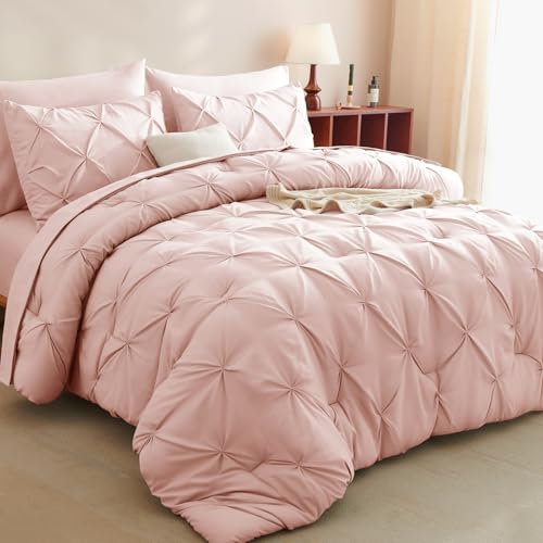 CozyLux Queen Comforter Set Blush Pink, 7 Pieces Pintuck Bed in A Bag, Premium Pink Comforter Queen Size, Pinch Pleat Bedding Sets with Comforter, Sheets, Pillowcases & Shams CozyLux