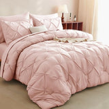 CozyLux Queen Comforter Set Blush Pink, 7 Pieces Pintuck Bed in A Bag, Premium Pink Comforter Queen Size, Pinch Pleat Bedding Sets with Comforter, Sheets, Pillowcases & Shams CozyLux