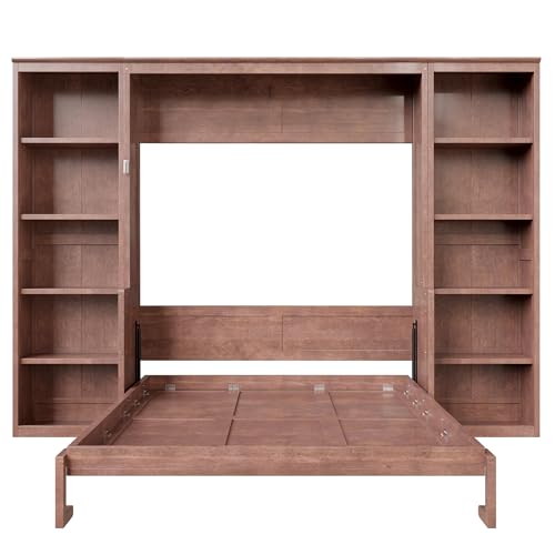 SOFTSEA Queen Murphy Bed with Desk and Storage, Wood Foldable Wall Bed Frame with Bookcase Shelves, Hidden Wall Bed Cabinet for Adult, Guest Room, Dark Brown SOFTSEA