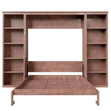 SOFTSEA Queen Murphy Bed with Desk and Storage, Wood Foldable Wall Bed Frame with Bookcase Shelves, Hidden Wall Bed Cabinet for Adult, Guest Room, Dark Brown SOFTSEA
