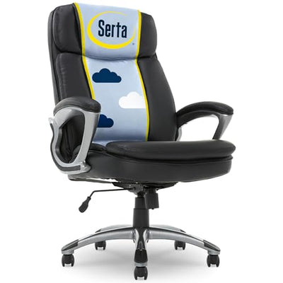 Serta Fairbanks Big & Tall Executive Office Chair, Ergonomic Comfy High-Back ComputerChairs with Lumbar Support, Semi-Plush Seat Cushion, Padded Armrests, Nylon Swivel Base, Bonded Leather, Black