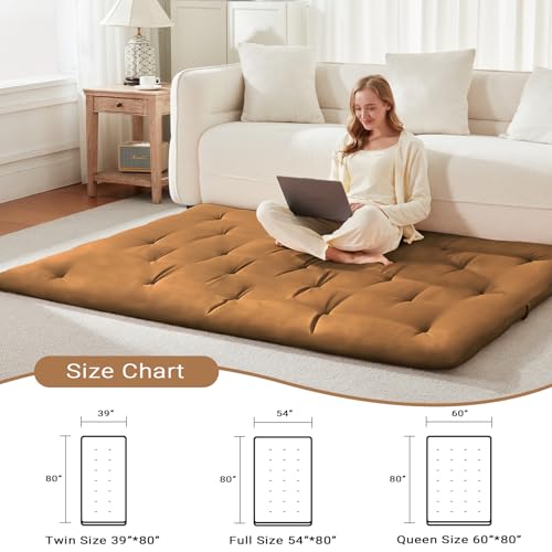 Mollydot Japanese Floor Futon Mattress Queen Size 60"x 80", Foldable Bed Mattress, Portable Tatami Mat Sleeping Pad, Folding Futon Cushion, Roll Up Floor Lounger for Guest Room Dormitory (Brown) Mollydot