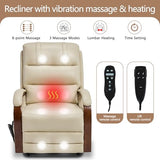 EZZUP Power Lift Recliner Chair for Elderly, Dual Motor Lift Chair with Vibration Massage and Lumbar Heat, Lay Flat Recliner with Solid Wood Armrest, Standing Assistance Reclining, Faux Leather Beige