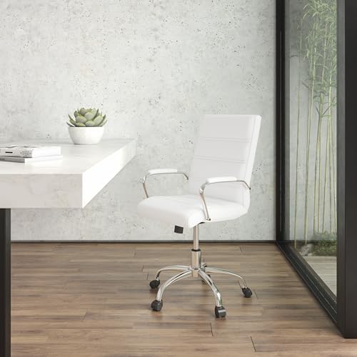 Flash Furniture Whitney Mid-Back Swivel LeatherSoft Desk Chair with Padded Seat and Armrests, Adjustable Height Padded Office Chair, White/Chrome Flash Furniture