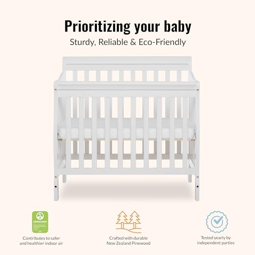 Dream On Me Aden 4-in-1 Convertible Mini Baby Crib, GREENGUARD Gold & BSA Certified, Sustainable Pinewood, Non-Toxic Finish, 3 Mattress Heights, Converts to Mini Day & Twin-Size Bed - White