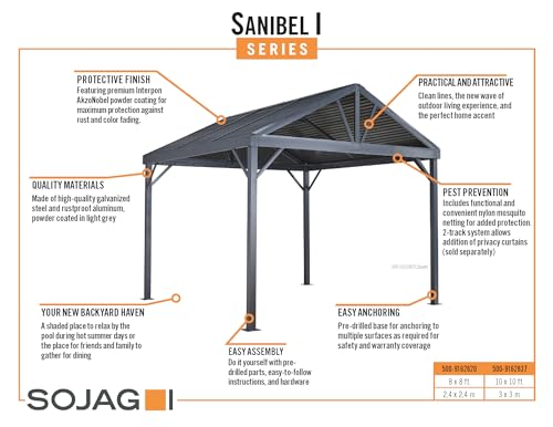 Sojag 8' x 8' Sanibel I Hardtop Gazebo Outdoor Weather-Resistant Aluminum Frame Sun Shelter Light Grey Sojag