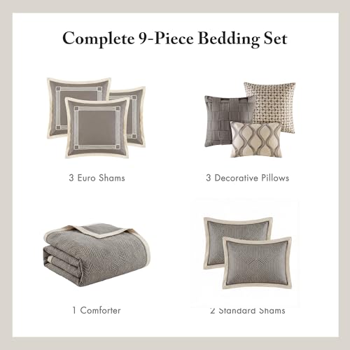 Madison Park Signature Cozy Comforter Set - All Season Bedding Combo Filled Insert and Removable Duvet Cover, Shams, Decorative Pillows, King (110 in x 96 in), Geometric Grey 10 Piece Madison Park