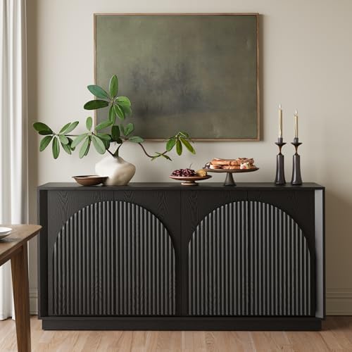 WIN2WIN 65" Fluted Sideboard Buffet Cabinet with Storage, Modern Credenza with Double-Layered Arch Doors, Wood TV Media Console Table Accent Cabinet for Living Room Dining Room Hallway Entryway, Black win2win