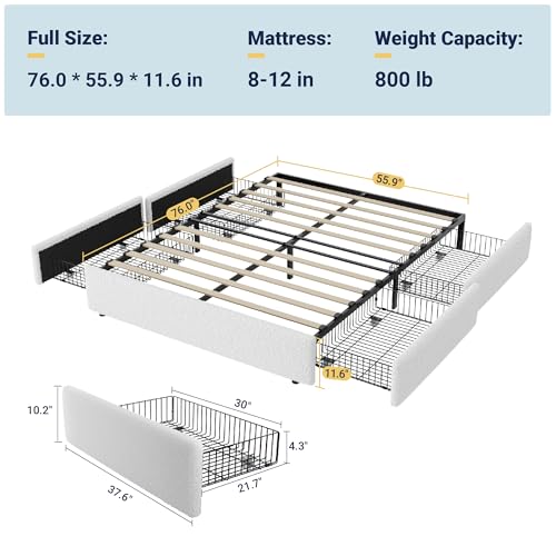 Allewie Full Size Bed Frame with 4 Oversized Storage Drawers, Soft Teddy Fabric, Boucle Upholstered Platform Bed, Wooden Slats Support, Noise-Free, No Box Spring Needed, Easy Assembly, White Allewie