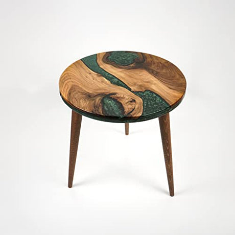 20" Resin Walnut Round Side Table | Epoxy End Table | Coffee Table | Mid Century Modern Resin Walnut | Living Room Furniture | Green Color Ultimate Premium Products