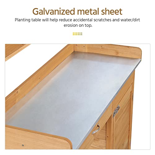 Yaheetech Outdoor Garden Potting Bench Table Work Bench Metal Tabletop W/Cabinet Drawer Open Shelf Natural Wood Yaheetech