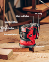 AVID POWER 20V Cordless Orbital Sander 5 Inch Electric Sander Tool with 6 Variable Speeds 7000-11000 RPM Battery Powered Sanders for Woodworking, 30 Pcs Sandpapers and Dust Collection Bag AVID POWER