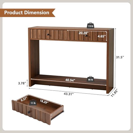 RUSTYER Console Table with Drawers, Narrow Mid-Century Fluted Entryway Table Sofa Table with Storage Shelf, Wood Entry Table Accent Behind Couch Table for Entrance, Hallway, Living Room (Walnut) RUSTYER