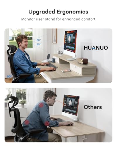 HUANUO 55 x 30 inch Electric Standing Desk with Wood Drawers, Adjustable Height Sit Stand Home Office Desk with Two Tiers, Ergonomic Adjustable Stand up Desk C-Clamp Monitor Mount Compatible, Natural HUANUO