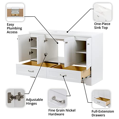 Spring Mill Cabinets Emlyn 48 Inch Bathroom Vanity with White Single Sink Top, 3 Cabinets, 2 Shelves, 2 Drawers, 48.5" W x 18.75" D x 32.89" H, White