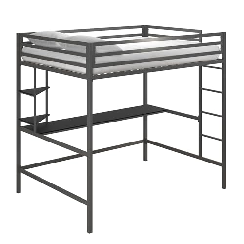 Novogratz Maxwell Grey/Black Metal Full Loft Bed with Integrated Desk & Shelves - WoodArtSupply