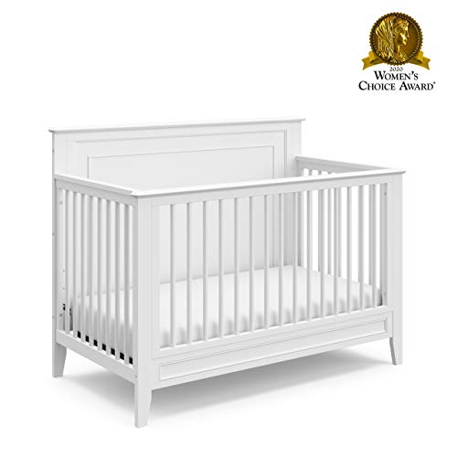 Storkcraft Solstice 5-In-1 Convertible Crib (White) – GREENGUARD Gold Certified, Converts to Toddler Bed and Full-Size Bed, Fits Standard Full-Size Crib Mattress, Adjustable Mattress Support Base storkcraft