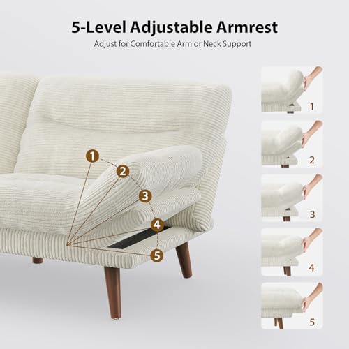 PERLECARE Convertible Futon Sofa Bed, 66" Corduroy Futon Couch with Adjustable Backrest and Armrests, 3-in-1Recliner Sleeper Sofa for Small Spaces, Play Room,Living Room or Office（66 in,White） PERLECARE