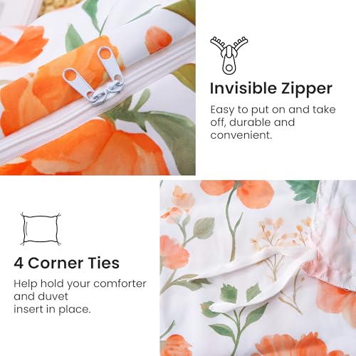 Mooreeke Floral Duvet Cover Queen Size, 3 Piece Orange Flower Duvet Cover Set with Zipper Closure, Soft & Breathable Microfiber Botanical Patterns Bedding Set with 4 Corner Ties and 2 Pillow Shams Mooreeke