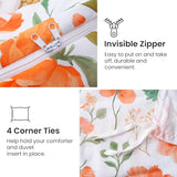 Mooreeke Floral Duvet Cover Queen Size, 3 Piece Orange Flower Duvet Cover Set with Zipper Closure, Soft & Breathable Microfiber Botanical Patterns Bedding Set with 4 Corner Ties and 2 Pillow Shams Mooreeke