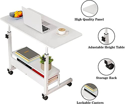 Adjustable Table Student Computer Portable Home Office Furniture Small Spaces Sofa Bedroom Bedside Desk Learn Play Game Desk on Wheels Movable with Storage Desk Size 31.5 * 15.7 Inch,White D