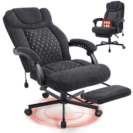 600LBS Big and Tall Office Chair for Heavy People,Large Reclining Executive Office Chairs with Foot Rest&Air-Adjust Lumbar Support,Fabric Ergonomic High Back Computer Chair, Black BIGGARSIT
