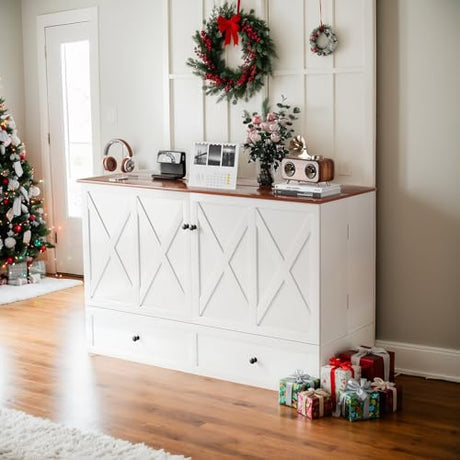 ijuicy Full Murphy Bed with Storage & Multifunctional Charging Station, Farmhouse Murphy Cabinet Bed with Foldable Panel, Space-Saving Beds for Guest Bedroom, Living Room-White & Brown, No Mattress ijuicy