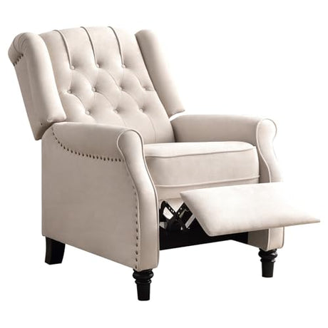 EBELLO Push Back Recliner Chair, Fabric Accent Chair Pushback Recliner with Rivet Decoration, Button-Tufted Back, Mid Century Wingback Armchair for Living Room, Bedroom, Beige EBELLO