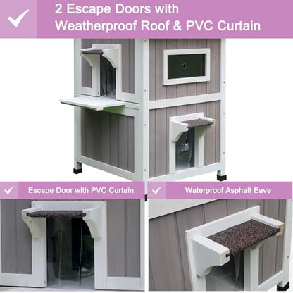 HiCaptain Outdoor Cat House for Feral Cats, Weatherproof Outside Cat Shelter Wooden 2 Story Large Kitty House with Escape Door - WoodArtSupply