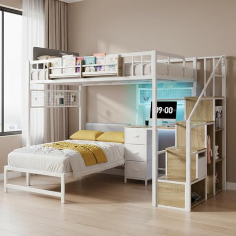 Kikihouse Full Over Twin Loft Bunk Bed with Desk, Stairs, Drawers & Storage Shelves, L-Shaped Metal Bunk Bed with Charging Station & LED Light for Kids, Teens, Adults (Full Over Twin) Kikihouse