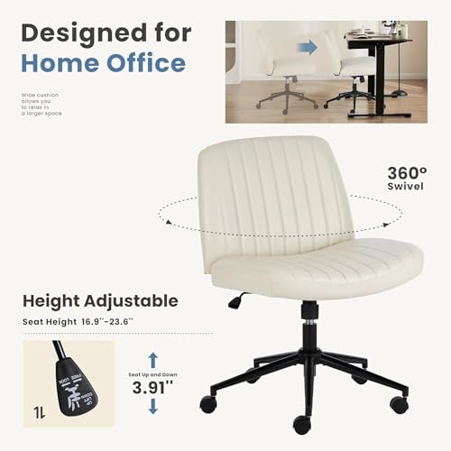 DUMOS Criss Cross Chair with Wheels, Legged Office Armless Wide Desk Seat Dual-Purpose Base, Adjustable Swivel Leather Task Vanity Home Office Desk Seating, Cream DUMOS