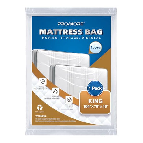 PROMORE Plastic Mattress Bag for Disposal Moving or Storage, Clear Waterproof Mattress Protector Covers - King/Cal King Size (1.5Mil) PROMORE