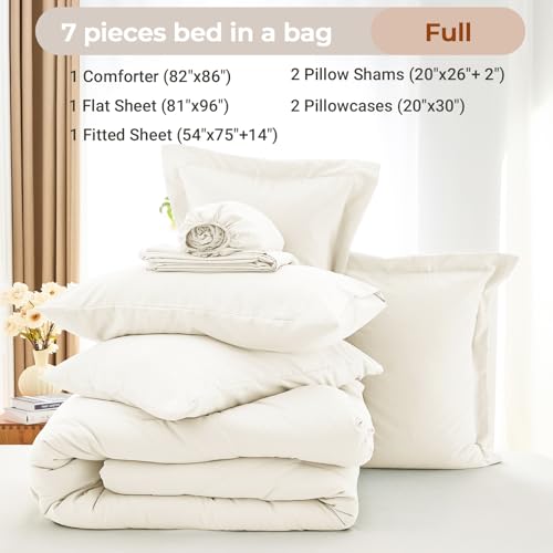 MUXHOMO 7 Pieces Full Comforter Set, Soft Bed in a Bag Full Size, All Season Bedding Set with Comforter, Flat Sheet, Fitted Sheet, Pillowcases & Shams, Ivory MUXHOMO