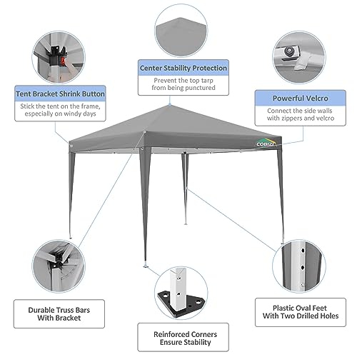 COBIZI 10x10 Pop Up Canopy Tent with 4 Sidewalls Party Tents for Parties Weddings Backyard Waterproof Commercial Instant Outdoor Events Tent with Stakes, Ropes（10 x 10 ft Gray COBIZI