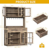 DWVO 71'' Tall Kitchen Pantry Storage Cabinet with Charge Station, Farmhouse Glass Display Food Pantry Hutch with Microwave Stand & Hooks & Drawers & Shelves for Home Living Dining Room, Lvory Grey DWVO